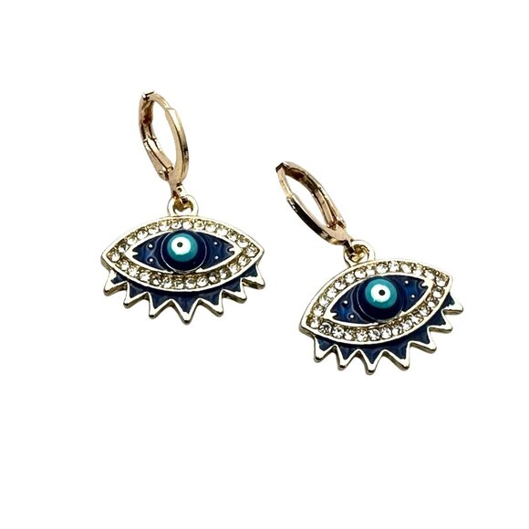 Evil Eye Blue Enamel Gold Tone Pierced Chandelier Earrings 1 Inch New - Picture 2 of 3